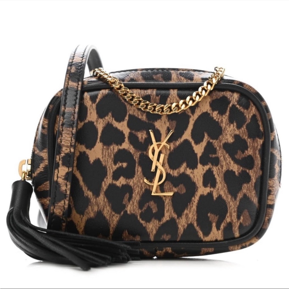 SAINT LAURENT Calfskin Heart LeopardPrint Monogram Baby Lou Camera BagToffee